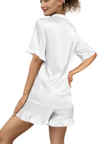 Womens Silk Pajamas Set XS-4XL Button Down Satin Pajama Sets Silky Pj Set Ruffle Sleepwear Lounge Set Nightwear2