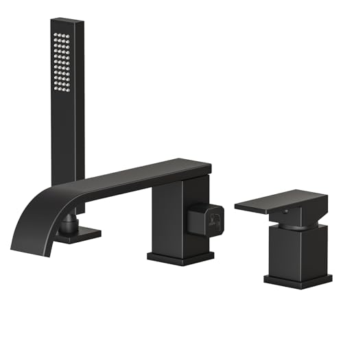 Deck Mount Waterfall Tub Faucet with Hand Shower 3 Hole Bathtub Faucet Set High Flow Bath Tub Faucet Set Solid Brass Matte Black