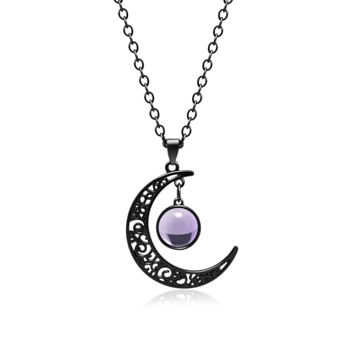 Joyline Gothic Moon Necklace for Women Men Purple Crystal Punk Style Pendant Necklaces Black Crescent Dark Goth Vintage Jewelry Halloween Costume