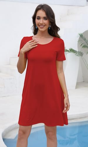 Image of COSSEN Women's Summer 2026 Casual Tshirt Dress Crew Neck Short Sleeve with Pockets Flowy Loose Swing A-Line Sundress