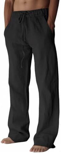 PIDOGYM Mens Cotton Linen Pants Beach Casual Pajama Pants with Pockets