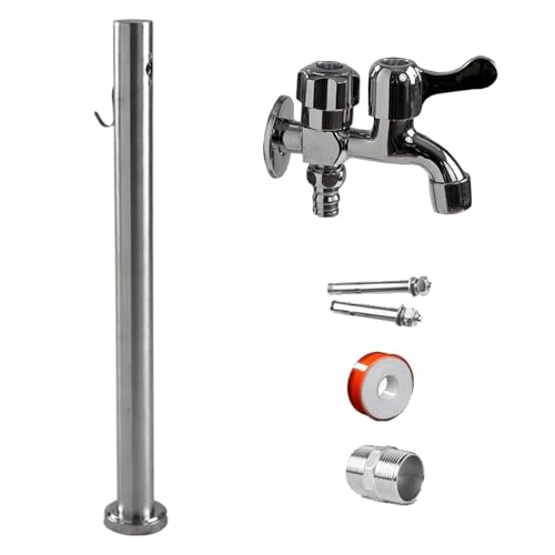 Columna de agua de acero inoxidable para exteriores, dispensador de agua para jardín con grifo y soporte para manguera, fuente de agua cuadrada para césped, parques y baños, 60 cm