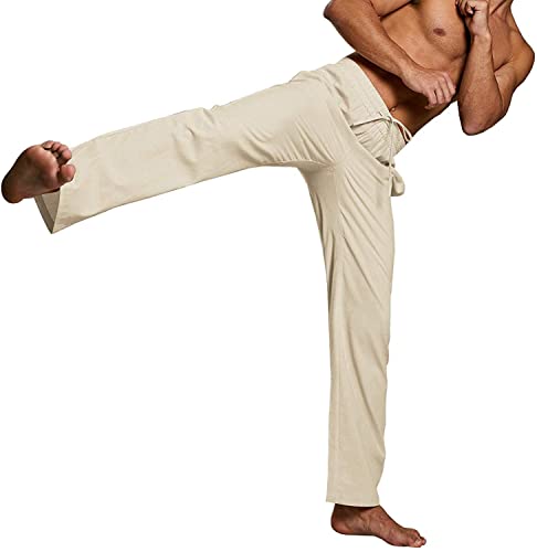 Enjoybuy Men's Linen Drawstring Beach Golf Elastic Waist Spring Long Casual Loose Summer Yoga Cotton Pants, 02-Khaki, Large #TOP3