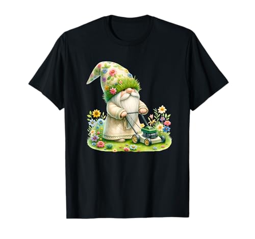 Lawn Mowing Stuff For Lawn Mower Lovers Floral Spring Gnome T-Shirt