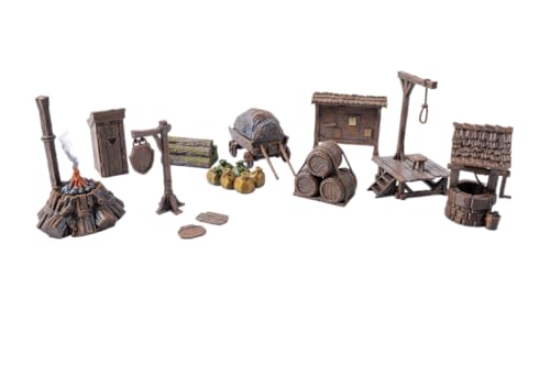3D Vikings Juego de artículos de ciudad – Accesorios integrales para D&D, Warhammer – Pozo, inodoro, letreros, horca, tablero de periódicos, carrito