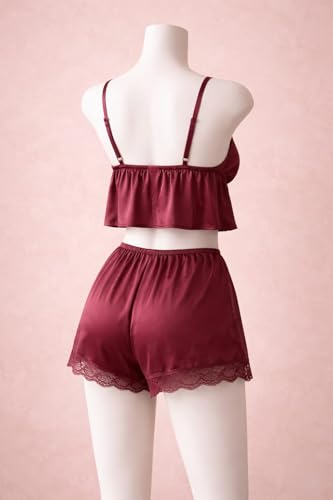 Image of Women's Satin 3-Piece Lingerie Set, Lace Cami, Shorts and Robe, Burgundy