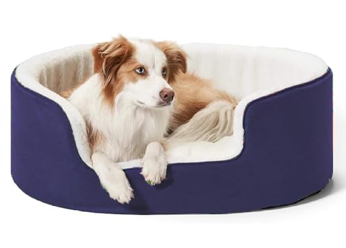 Image of The Pets Company Self-Warming Dog Basket Bed for Small Dogs| Soft Sherpa Winter Bed | Midnight Blue, Small, 24 x 24 x 9 inches