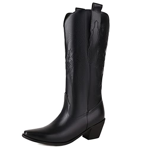 Bottes cowboy Lizoleor femmes genou bottines santiags broderie bout pointu tendance