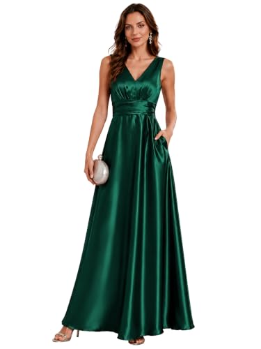 Image of Ever-Pretty Women's Summer Satin V Neck Formal Wedding Guest Dress Floor Length Empire Waist Bridesmaid Dresses with Pockets