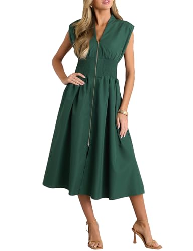 Image of FANCYINN Summer Casual Womens Maxi Dress Sleeveless V Neck Waist Aline Front Zipper High Slit Flowy Long Dress Pockets