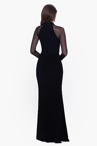 Image of Betsy & Adam Women's Jersey Knit Illusion Mock Neck Long Sleeve Ruffle Slit Floor Length Dress
