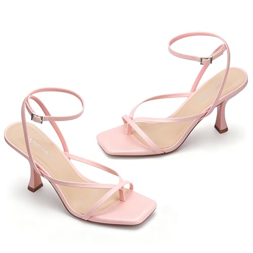 Image of Carcuume Womens Kitten Heels Square Toe Thong Strappy Ankle Strap Stiletto Heel Sandals