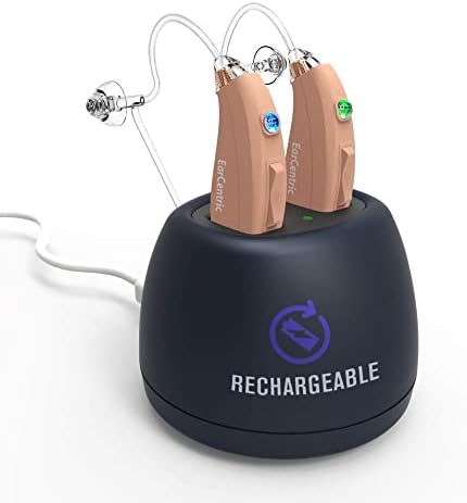 EarCentric EasyCharge Rechargeable Hearing Aids (Pair) for Seniors, Behind-The-Ear BTE Ear Aid PSAP digital Personal sound amplification products devices with Noise Cancellation (Beige)