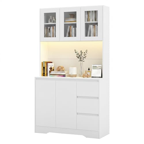 Songvas Alacena de Cocina, Aparador Cocina, Muebles de Cocina, Armario Cocinas Almacenaje con Iluminacion LED, Regleta, Encimera para Microondas, 3 Cajones, 5 Puertas 100x38.5x180 Blanco