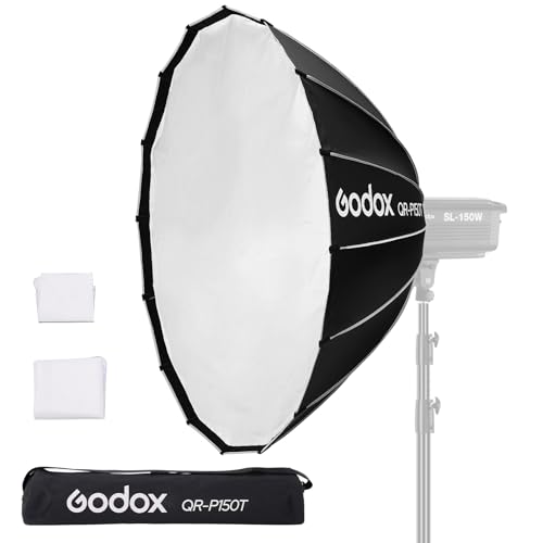 Godox QR-P150T Quick Release Parabolic Softbox 59.1in 150cm Bowens Mount Softbox with Carry Bag 2 Diffusers for Photography & Video Portrait Shooting