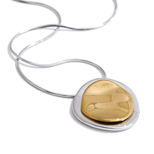 Mchic Two Tone Pendant Necklace for Women: 18K Gold and Sterling Silver Circle Pendant with Thin Silver Snake Chain Dainty Hypoallergenic Silver Necklace Gift Jewelry