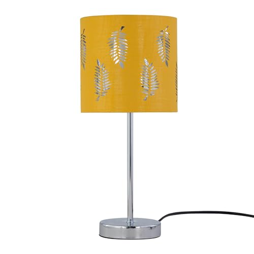 firstchoicelighting Polished Chrome Table Lamp or Bedside Light, Modern Design, Ochre Yellow Leaf Cut Out Shade, Height 35cm, LED Compatible