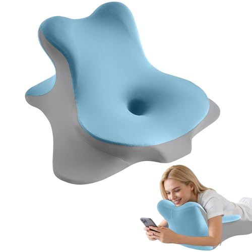 Image of MOONYOOY Ergonomic Reading Pillow for Bed, Premium Memory Foam Wedge Pillow for Prone, Leaning & Back Support, Cooling Ice Silk Cover for Couch & Headboard Relaxation, Sky Blue