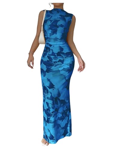Image of BEAUDRM Women's Floral Print Midi Bodycon Dresses Split Thigh Ruched Mock Neck Fitted Tank Dress