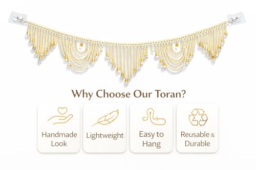 Image of Pearl Beaded Door Toran for Home Decoration | Handmade Moti Bandhanwar with Golden Drops | Wall & Mandir Hanging for Festive Decor, Diwali, Pooja, Wedding (1 Piece)