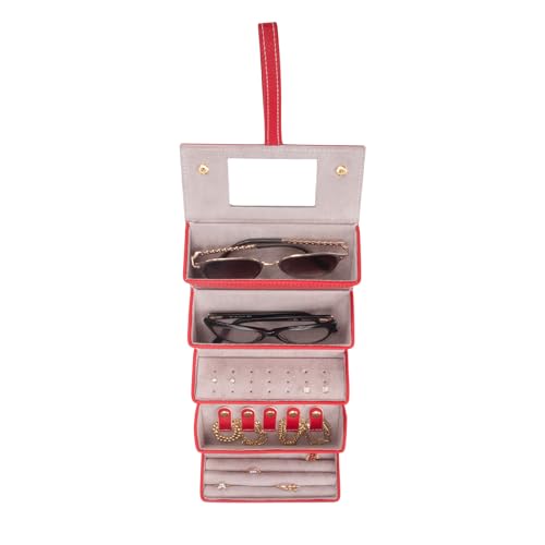 Image of Brouk & Co Leah 5 Eyewear & Jewelry Case - Pebbled Vegan Leather, Foldable Case, Snap Closure, Hanging Loop, Interior Mirror, 5 Compartments: Sunglasses and Jewelry (Red)