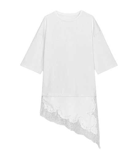 Colorful world Combination Lace T-Shirt for Women Oversized Tshirts Crewneck Short Sleeves Tees Tops Fashion Clothes(Pure-White,L)