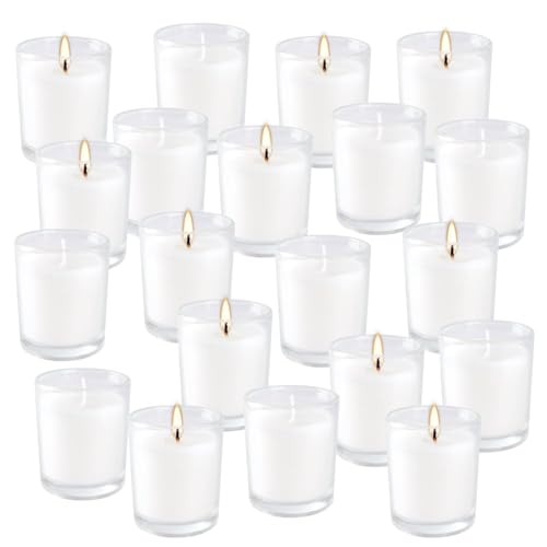 Image of 20 Pack Unscented White Clear Glass Filled Votive Candles | Soy Wax, Smokeless, Hand Poured Wax Candles Ideal for Aromatherapy, Spa, Weddings, Birthdays, Holidays & Party Decor