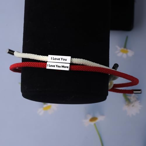Image of I Love You More Hand Stamped Bracelet Jewelry Gifts for Her Girlfriend Wife Classic Lettering Valentine's Day Gift (red more), adjustable