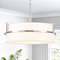 19.7" Modern Drum Chandeliers for Dining Room, 5-Light Brushed Nickel Chandelier with Round Linen Shades Hanging Large Drum Pendant Light Fixtures for Bedroom Living Room Entryway Foyer Kitchen