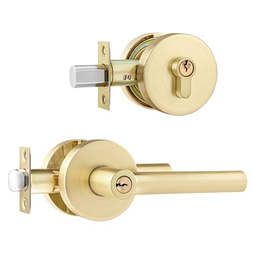 Leydebong 1 Pack Gold Heavy Duty Entrance Lever Door Handle (For Office And Front Door) Reversible For Right And Left Side Single Keyed Square Deadbolt Lock Set cover