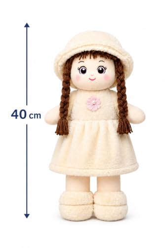 Image of Soft Plush Girl Doll, Cream, Ultra-Soft Fabric with PP Cotton Filling, 40 CM, Cuddly Toy for Kids, Birthdays and Special Occasions