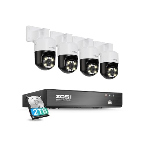 ZOSI 4K Pan/Tilt PoE CCTV Camera System with Person/Vehicle/Pets Detection, 8 Port 16CH 8MP NVR 2TB HDD, 4pcs 5MP PoE Security Cameras Outdoor, Color Night Vision, 360° Auto Tracking, 2-Way