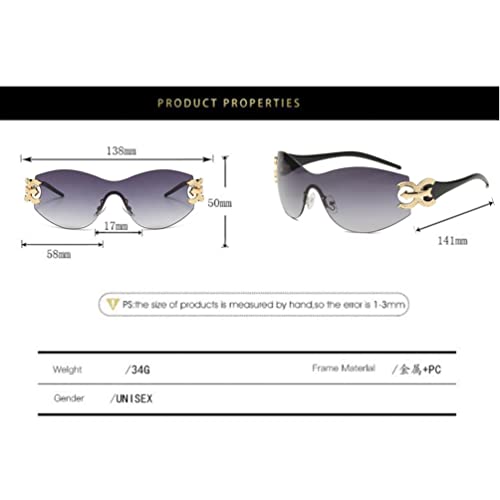 Wrap Around Y2K Sunglasses One Piece Lens UV Proof Glasses Frameless Metal Sunglasses for Men and Women (Black Foot Grey Flakes)2