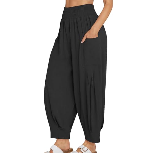 Womens Linen Boho Pants Summer Casual High Waisted Baggy Trousers Cargo Lounge Harem Pant 2025 Beach Vacation Outfits