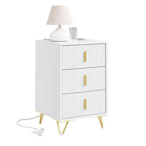 SoBuy Comodino camera da letto con funzione di ricarica, comodino con 2 prese, USB e Type-C, tavolino da letto Bedside Table per camera da letto e soggiorno, Bianco, L40 x P40 x H63,5 cm, FBT115-L-E-W