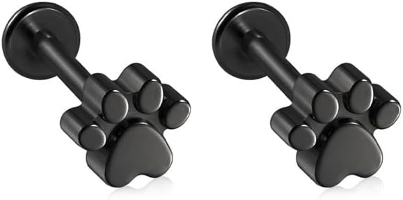 2Pcs 16G Stainless Steel Paw Cartilage Stud Earrings for Women Paw Print Flat Back Earrings Studs Labret Monroe Lip Rings Conch Helix Tragus Piercing Jewelry