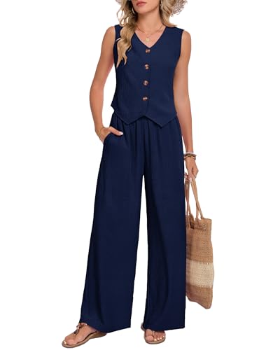 MOLERANI Womens Summer 2 Piece Summer Sets Linen Pantsuit Cruise Outfits 2026 Resort Wear V Neck Elastic Waist Beach Vacation Travel Clothes Capsule Wardrobe Set, Navy Blue, M