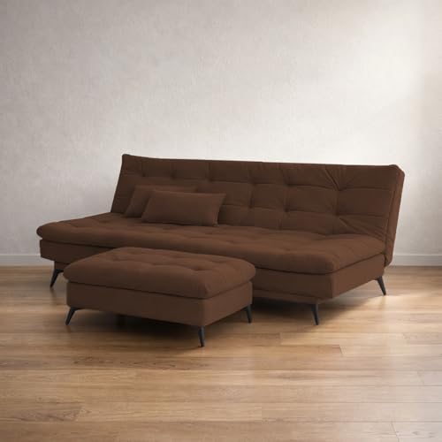Image of Krancy Solid Wood 3 Seater Sofa Cum Bed with Ottomon | Convertible Wooden Couch for Living Room, Home & Office | Modern Designer Furniture | 1 Year Warranty | Brown Color