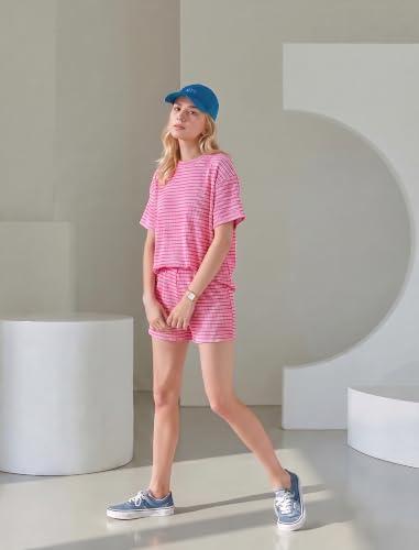 Image of MARZXIN Women 2 Piece Shorts Set 2026 Casual Summer Cruise Outfits Ribbed Loose Short Sleeve Pocket Matching Lounge Sets
