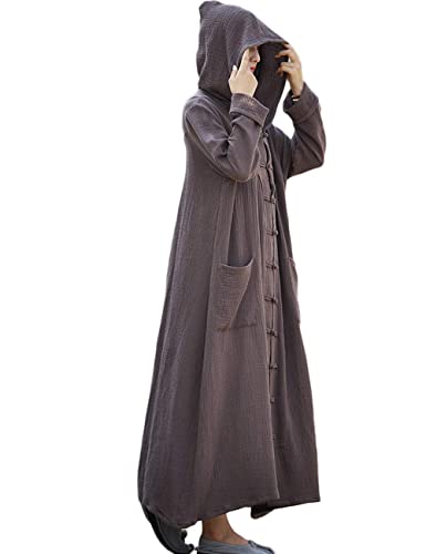 Women's Long Trench Coat Cotton Linen Hoodie Jacket Chinese Style Outwear with Pockets
