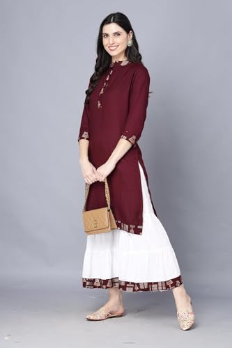 Image of Women Rayon Straight Golden Foil Printed Kurta with Palazzo || Kurti with Palazzo Set for Casual Party & Festival Wear in Round Neck with 3 /4 Sleeve for Girls