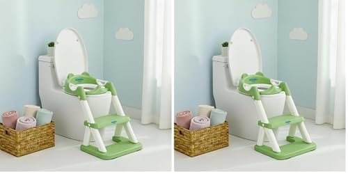 Image of Amazon Brand - Supples Baby Potty Training Seat with Ladder | Fits All Standard Toilets | for 2+ Year Old | Safe, Comfortable & Easy to Use | Green & White (Pack of 2)