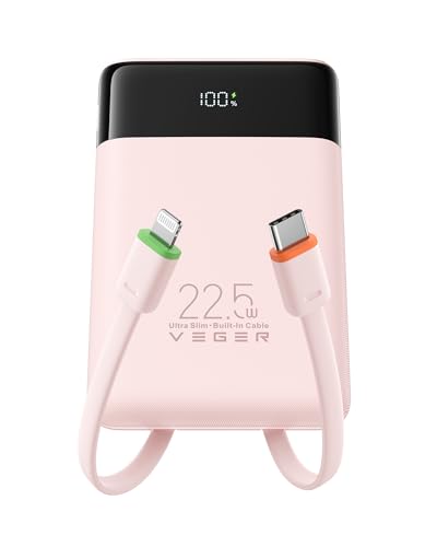 VEGER 10000mAh Power Bank con Cavi Integrati, 22.5W Ricarica Rapida Caricatore Portatile, Sottile Compatto USB C Powerbank LED Display con 4 Uscite e 3 Ingressi Compatibile con iPhone Huawei Xiaomi