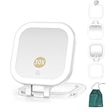 Mocado Compact Travel Makeup Mirror, 1X/30X Magnifying Mirror with Light, Double Sides Compact Mirror with 3 Color Light, Dimmable Handheld Mirror, Rechargeable Travel for Purse,Pocket(White)