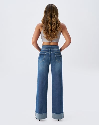 roswear Women's High Waisted Stretchy Wide Leg Jeans Cuffed Baggy Jeans Loose Denim Pants3