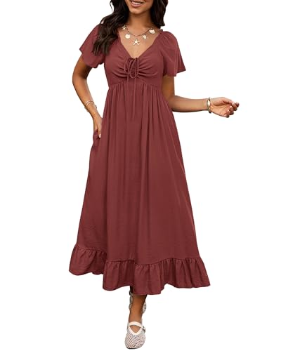 Image of BTFBM Womens Summer Dresses 2026 Casual Short Sleeve V Neck Drawstring Wedding Guest Maxi Dresses Boho Beach Long Dress