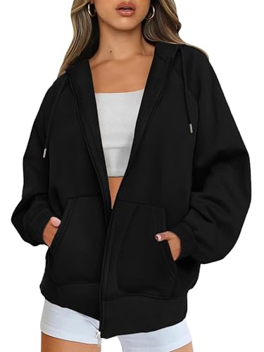 Timuspo Zip Jacke Damen Oversized Langarm Fleece Strickjacke mit Reißverschluss Stylische Vintage Pullover Y2K Hoodie Schwarz Sweatshirt L