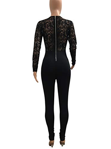 Ophestin Womens Sexy Lace Jumpsuit See Through Mesh Long Sleeve Romper Clubwear Black Size XL