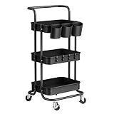 ALVOROG 3-Tier Rolling Utility Cart Movable Storage Organizer Shelves with Wheels and Hanging Cups M