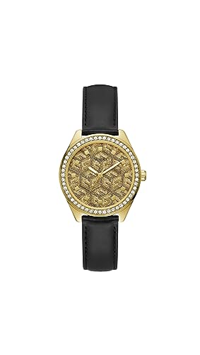 GUESS G Gloss Montre Femme Acier Doré Cuir Noir GW0608L2